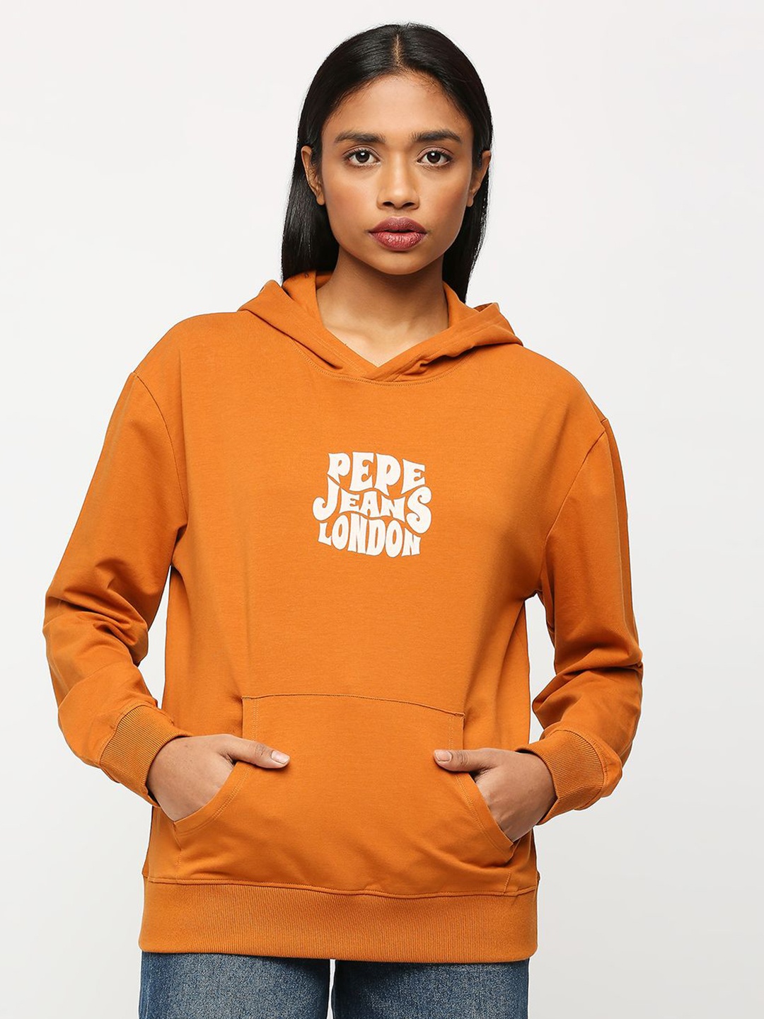 

Pepe Jeans Typography Printed Hooded Pure Cotton Pullover, Orange