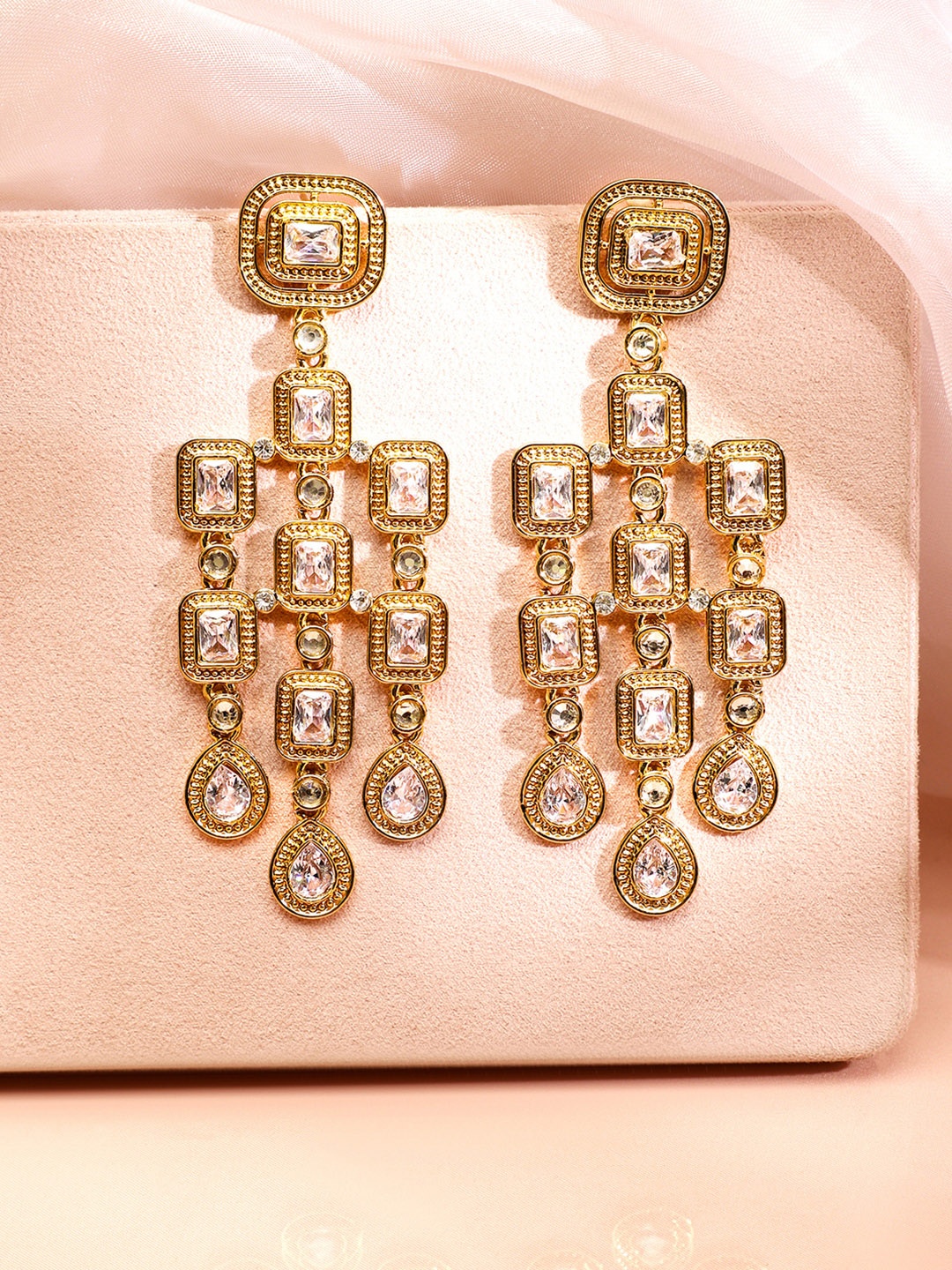 

Rubans 22K Gold Plated Zirconia Studded Antique Light Gold-Tone Premium Chandelier Earring