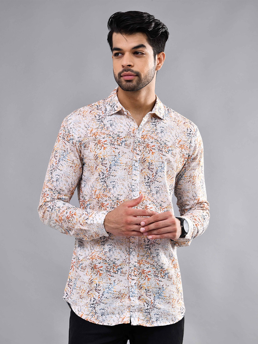 

DEZANO Modern Regular Fit Floral Printed Spread Collar Casual Shirt, Cream