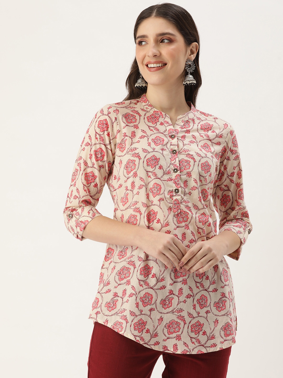 

AMUKTI Mandarin Collar Floral Printed Tunic, Off white