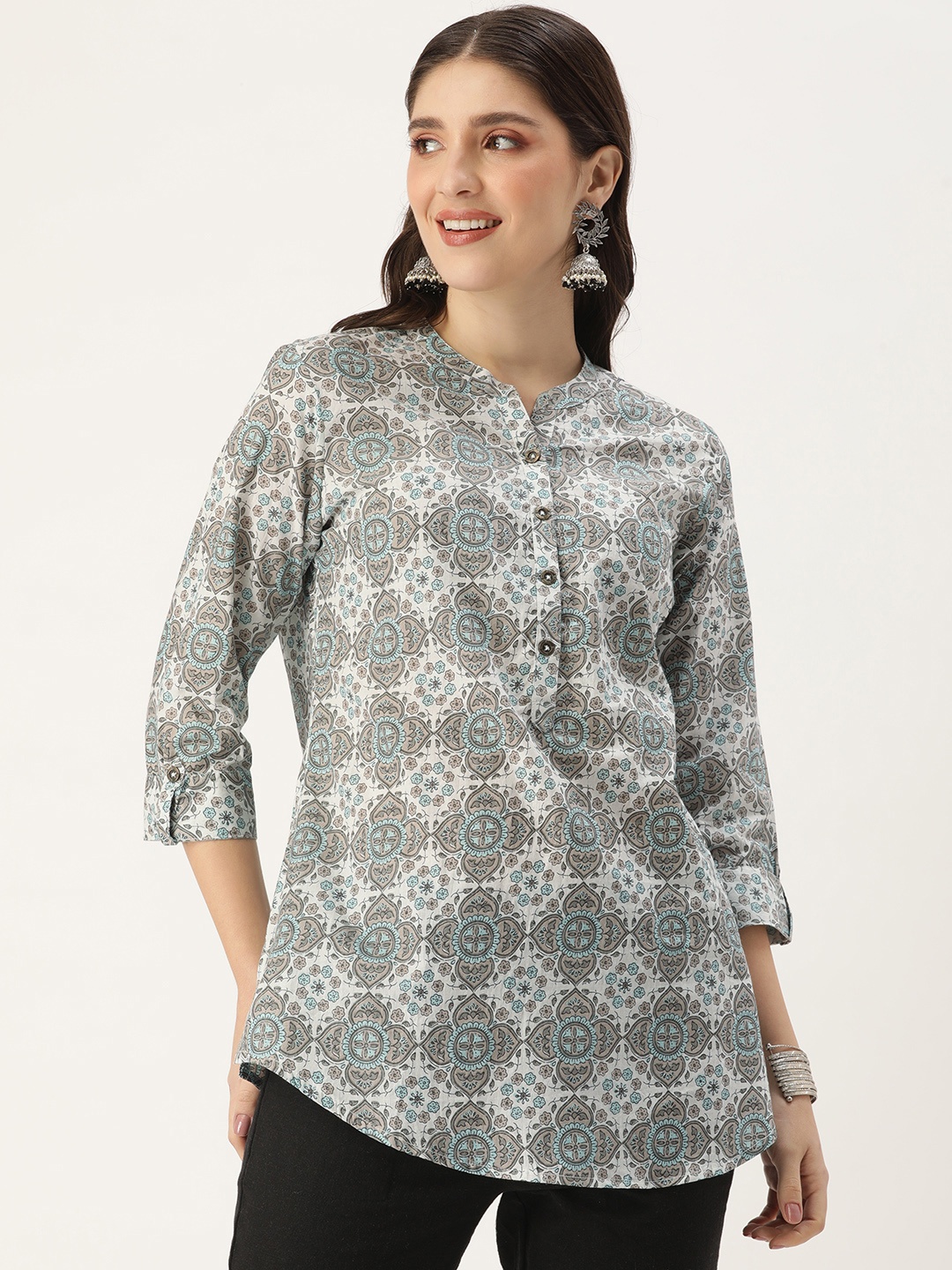 

AMUKTI Mandarin Collar Printed Ethnic Tunic, White