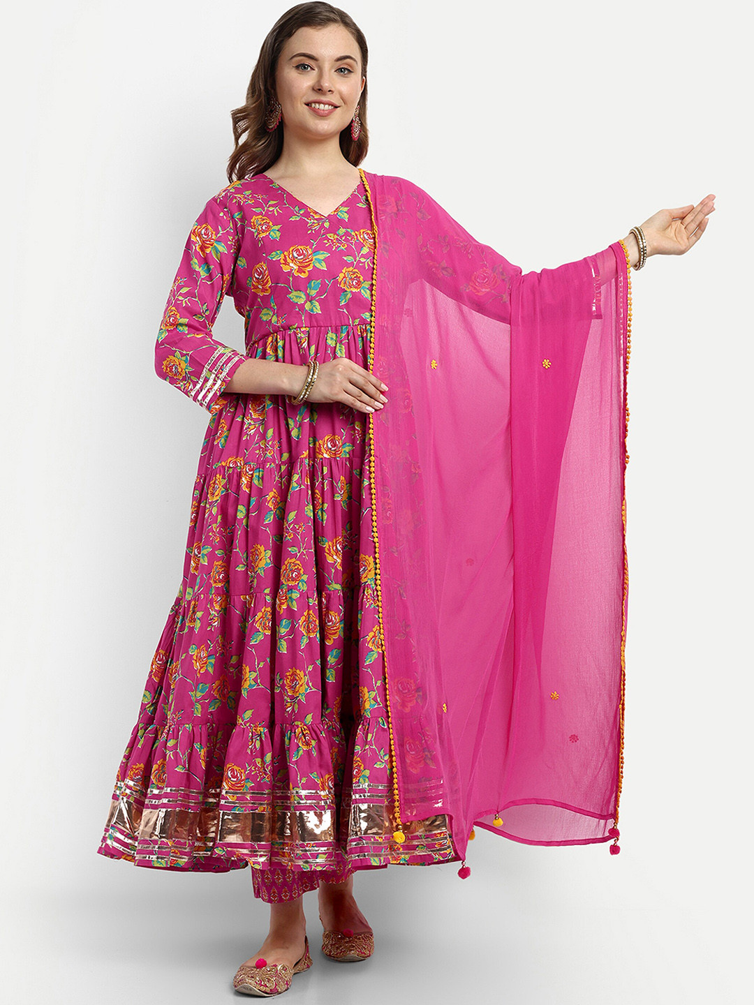 

KAVITA GUPTA Ethnic Motifs Printed Empire Pure Cotton Kurta With Trousers & Dupatta, Fuchsia