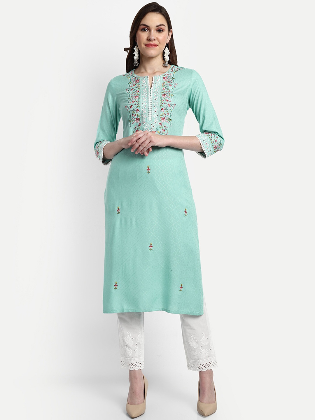 

KAVITA GUPTA Floral Embroidered Regular Thread Work Kurta With Trousers, Green