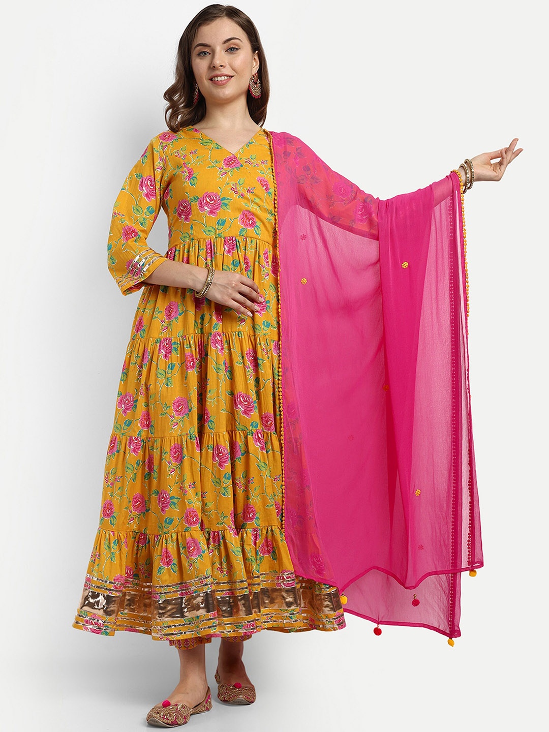 

KAVITA GUPTA Floral Printed Anarkali Kurta with Trousers & With Dupatta, Yellow
