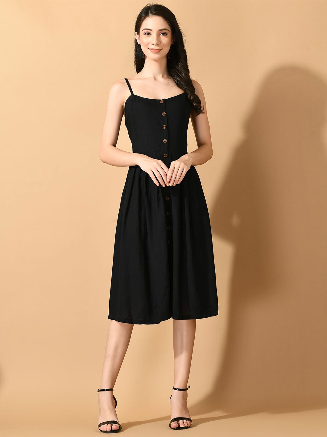 

KALINI Shoulder Straps Fit & Flare Dress, Black