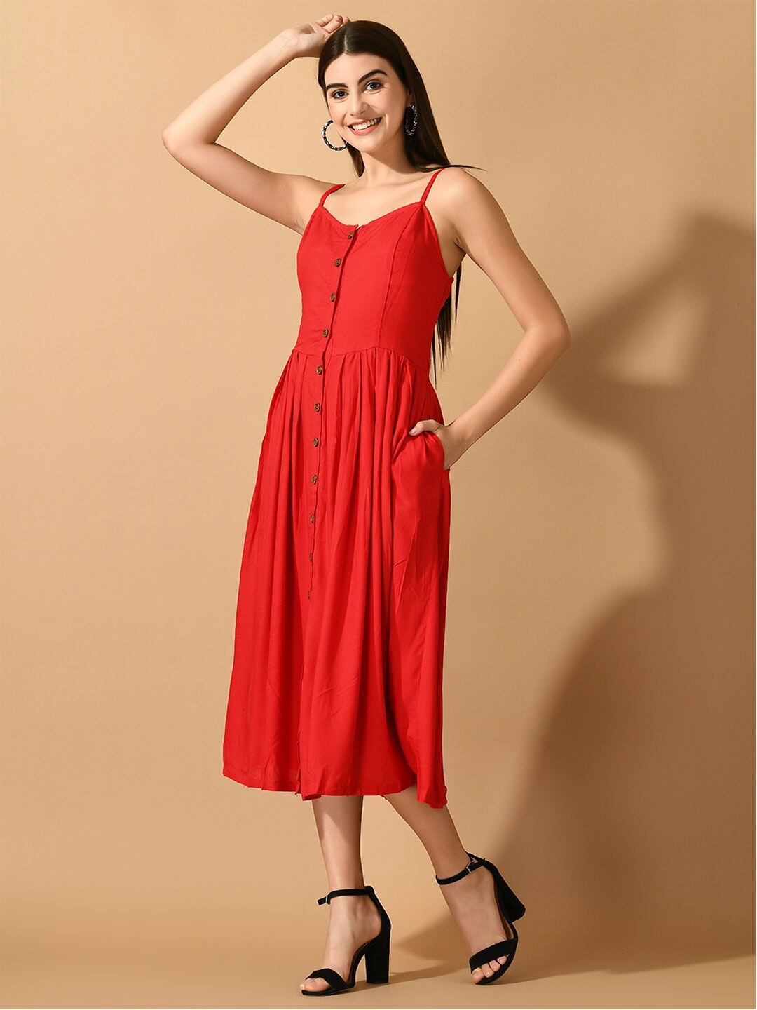 

KALINI Shoulder Straps Fit & Flare Dress, Red