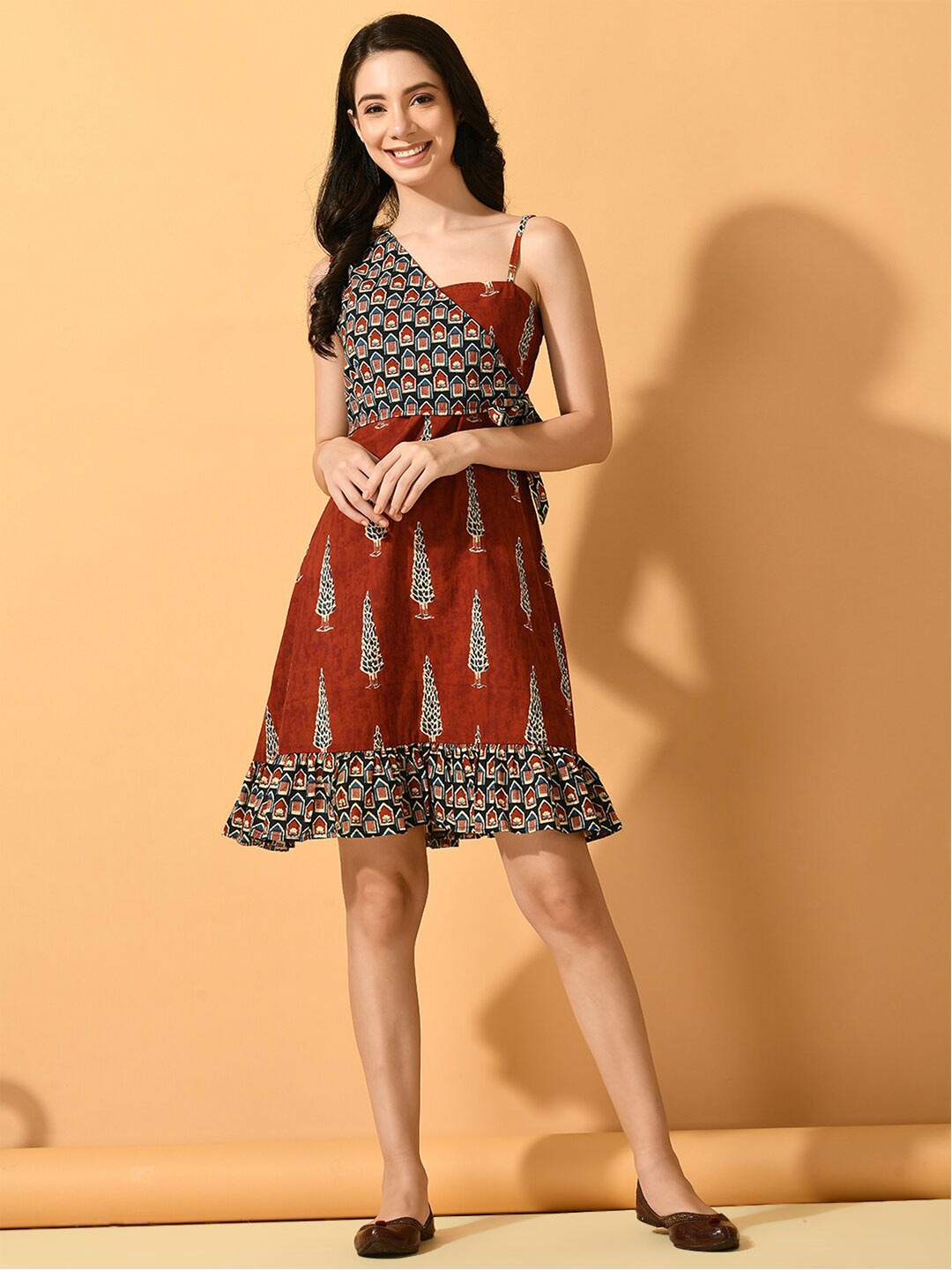 

KALINI Ethnic Motifs Printed One Shoulder Cotton Fit & Flare Dress, Red