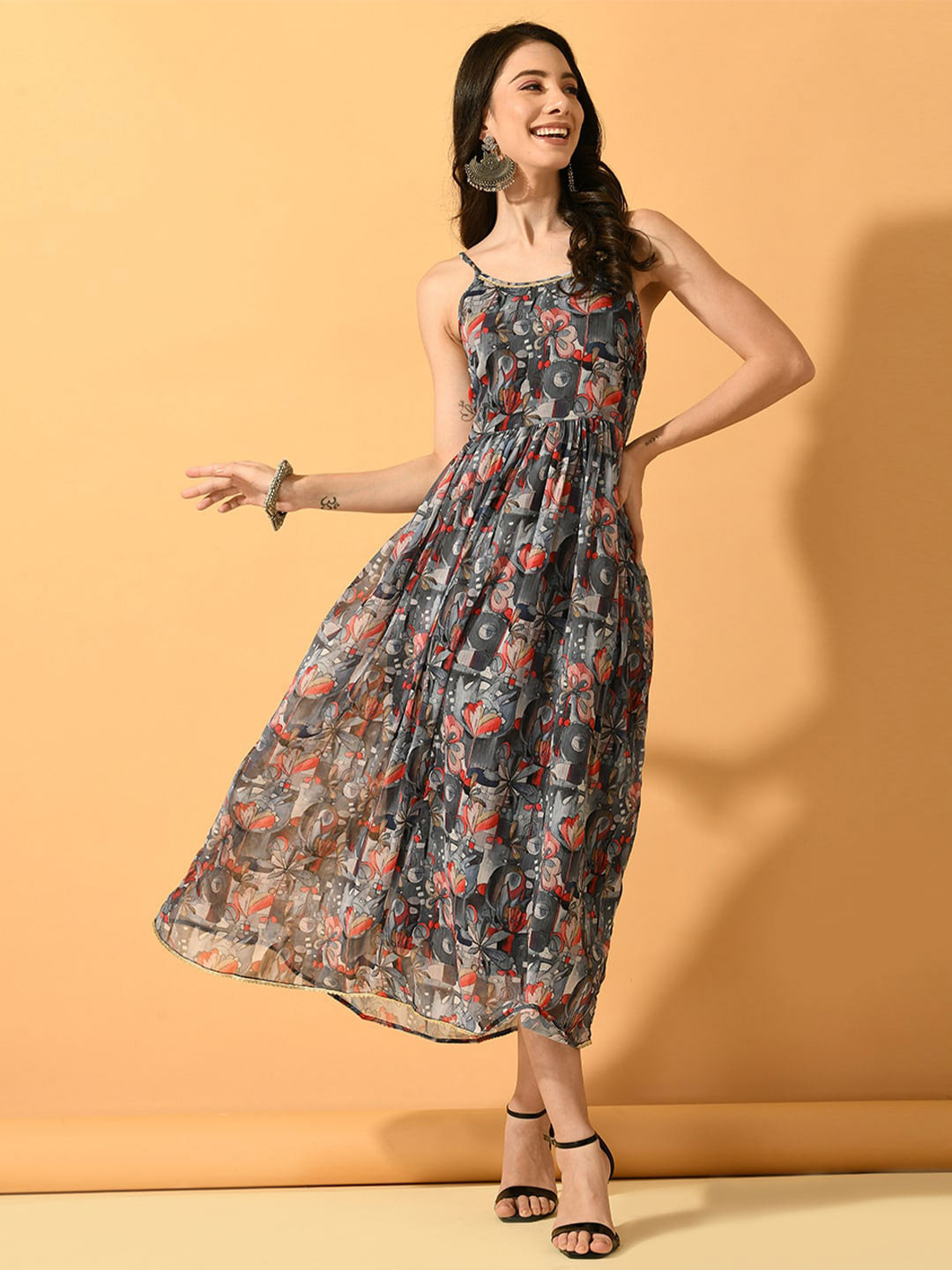 

KALINI Floral Printed Shoulder Straps Fit & Flare Midi Dress, Grey