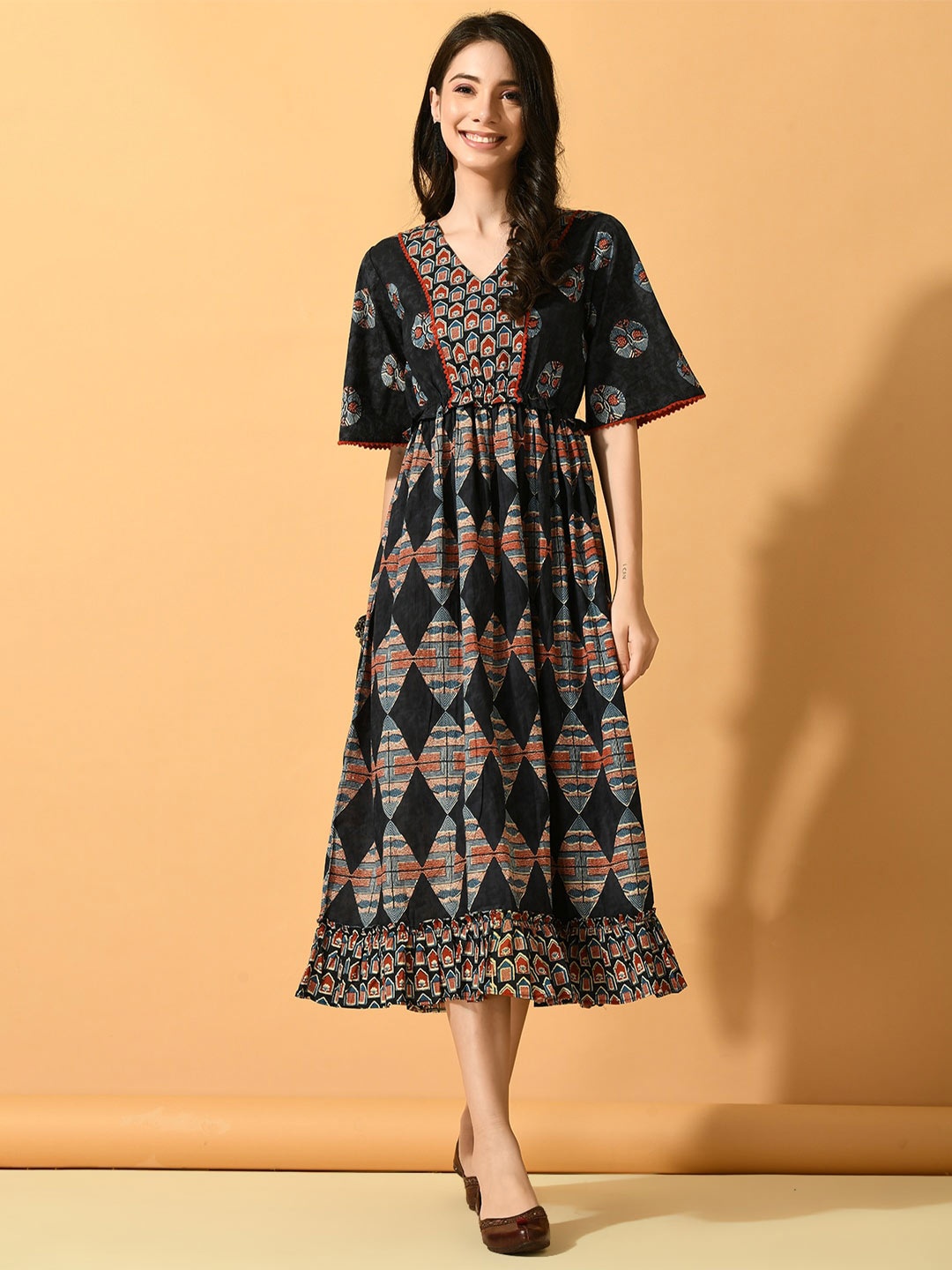 

KALINI Ethnic Motifs Printed V-Neck Fit & Flare Cotton Ethnic Dress, Black