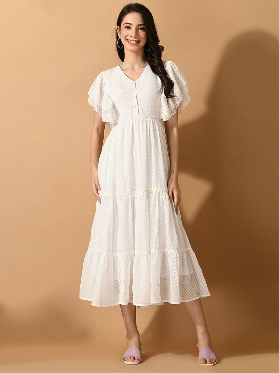 

KALINI Striped V-Neck Flared Sleeve Tiered Georgette A-Line Dress, White