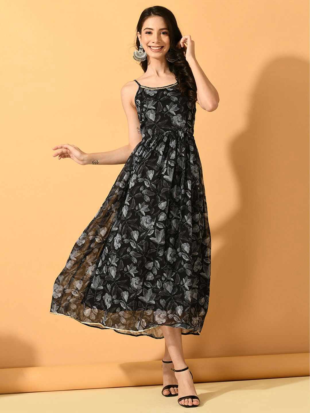 

KALINI Floral Printed Shoulder Straps Georgette Fit & Flare Dress, Black