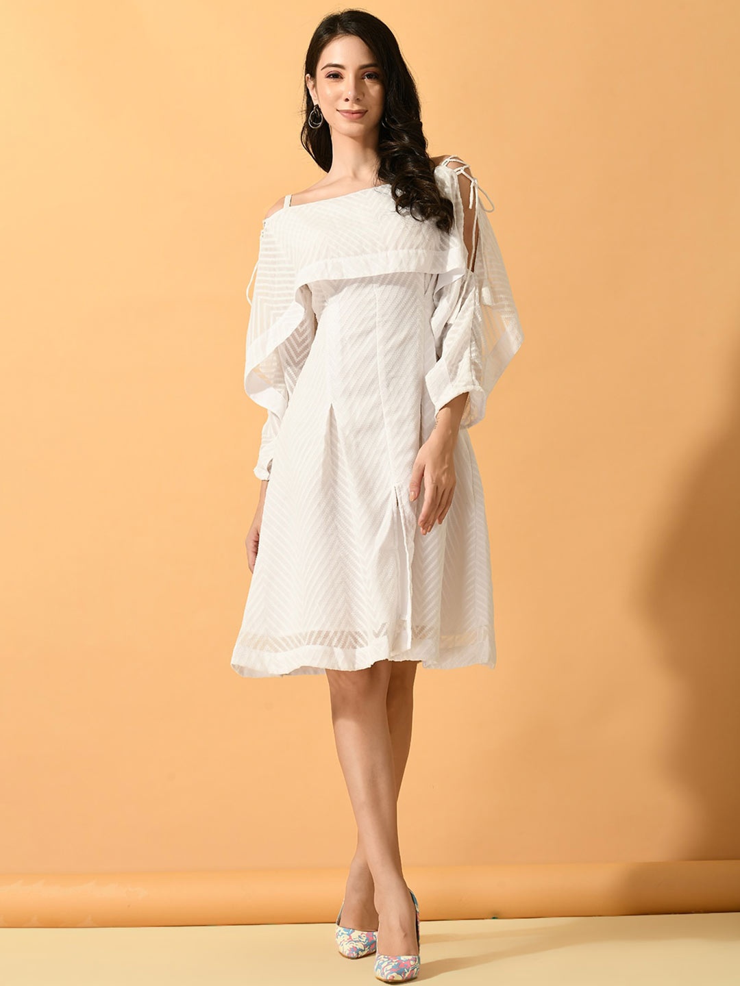 

KALINI Striped Shoulder Strap Neck Tie Up Detail A-Line Dress, White