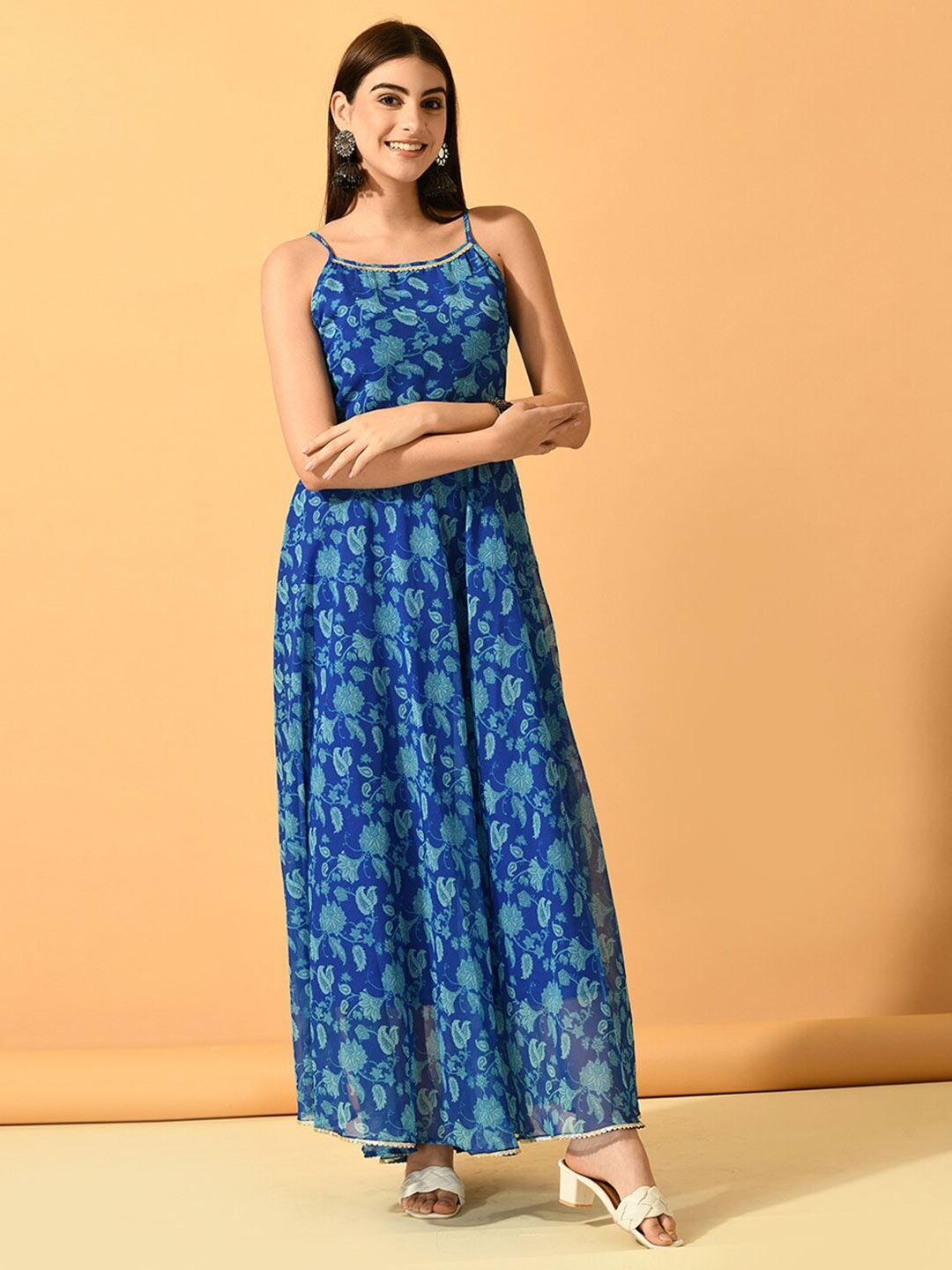 

KALINI Ethnic Motifs Printed Shoulder Strap Neck Maxi Dress, Blue