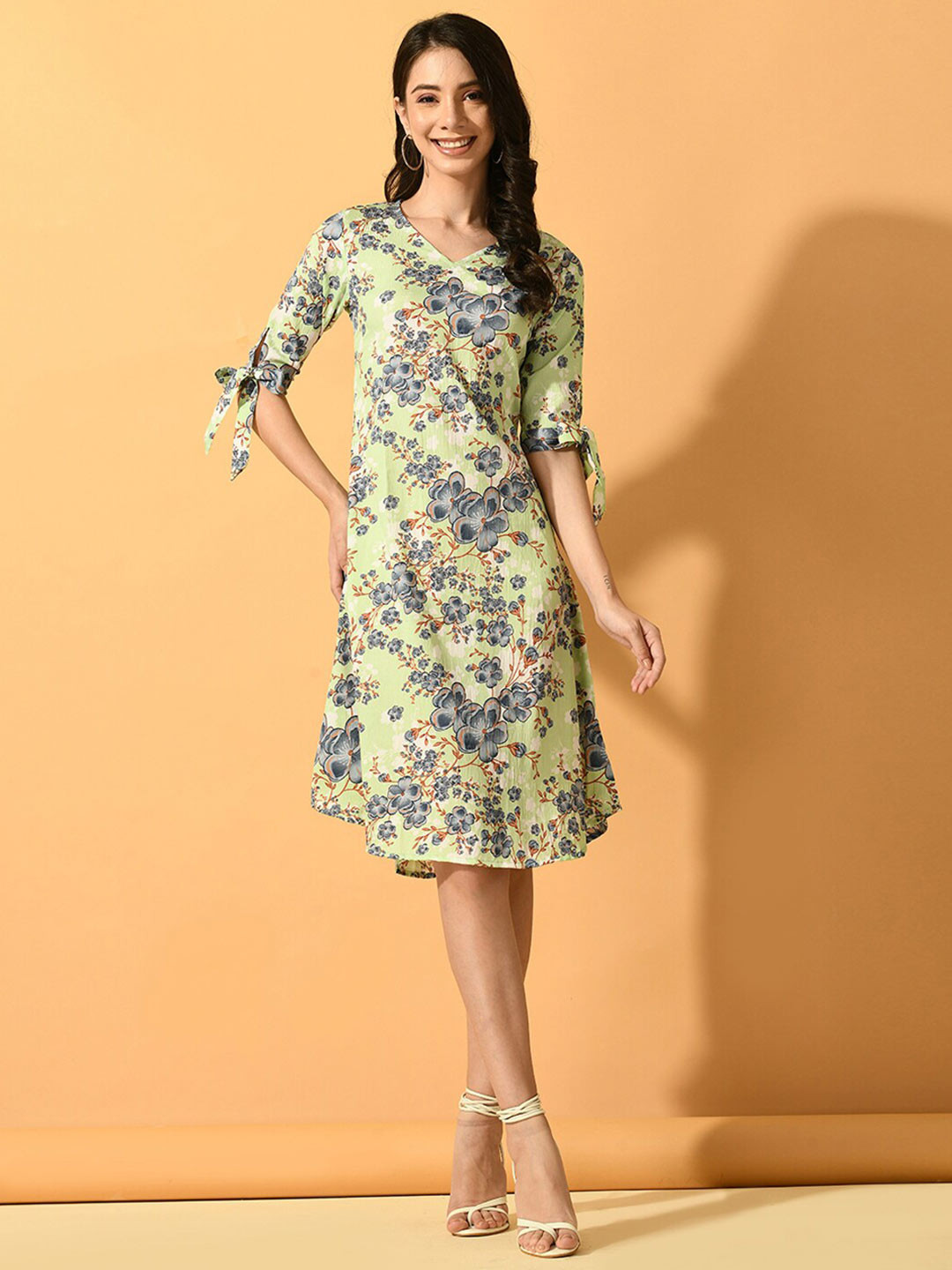 

KALINI Floral Printed Tie Up Detail Fit & Flare Dress, Lime green