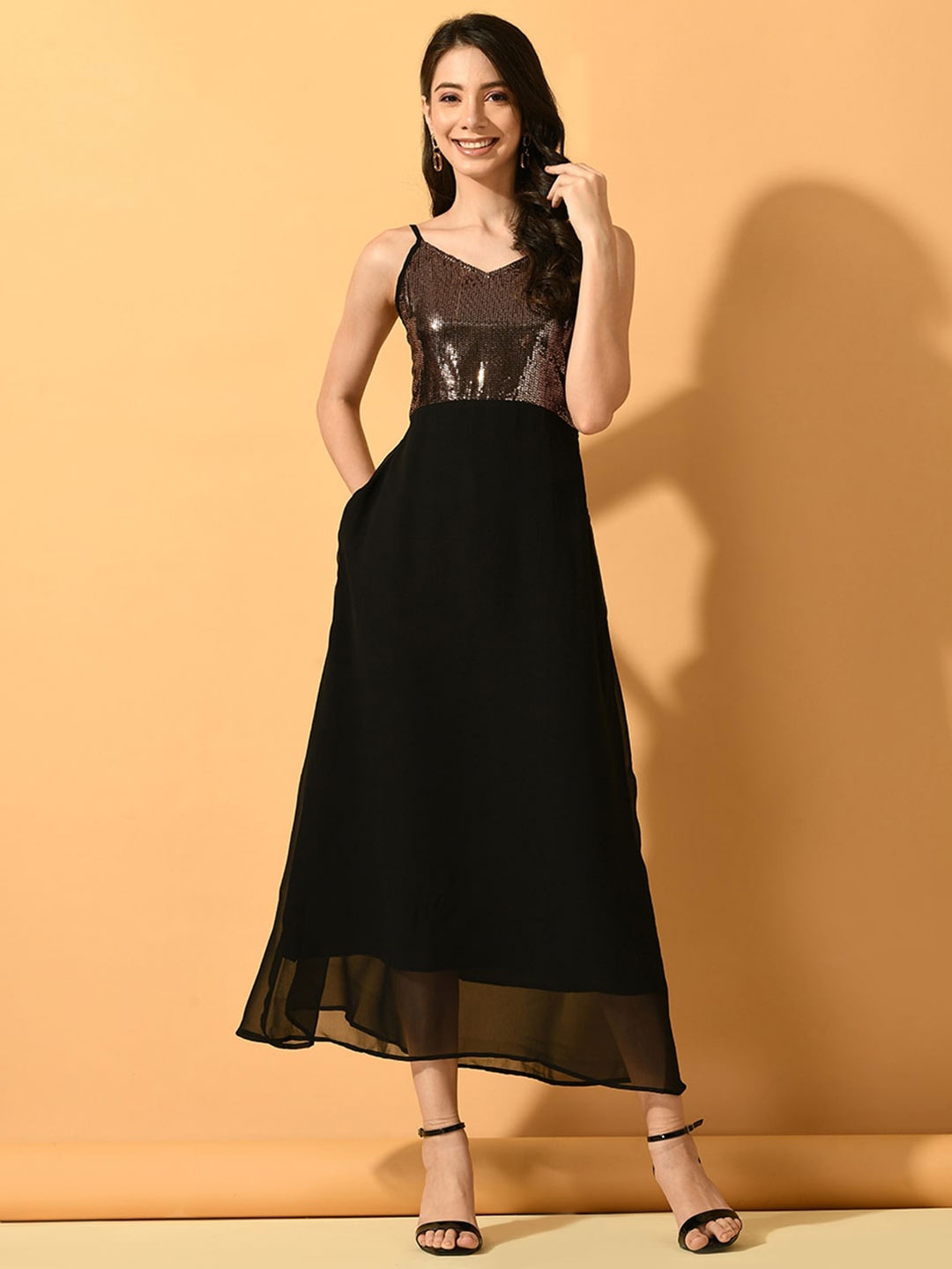 

KALINI Embellished Shoulder Strap Neck Sequined Fit & Flare Maxi Dress, Black