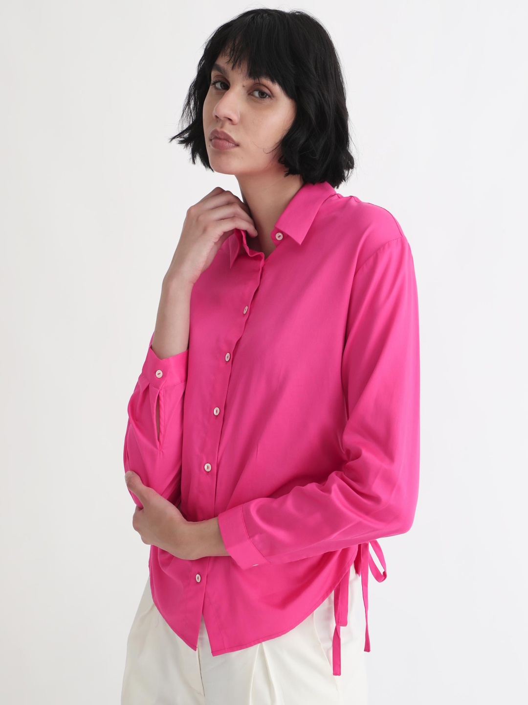 

RAREISM Cuffed Sleeves Cotton Shirt Style Top, Pink