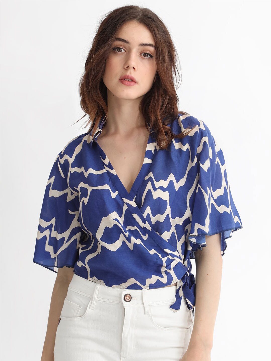 

RAREISM Abstract Printed Flared Sleeve Tie-Ups Cotton Top, Blue
