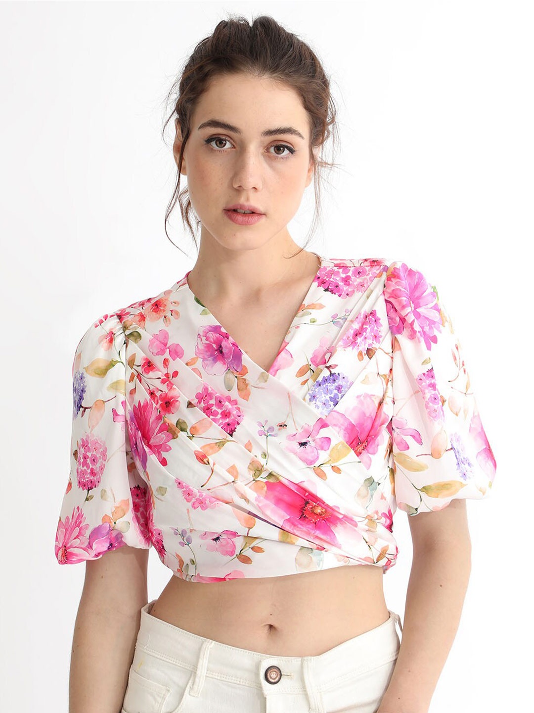 

RAREISM Floral Print Puff Sleeves Waist Tie-Ups Cotton Blouson Crop Top, White