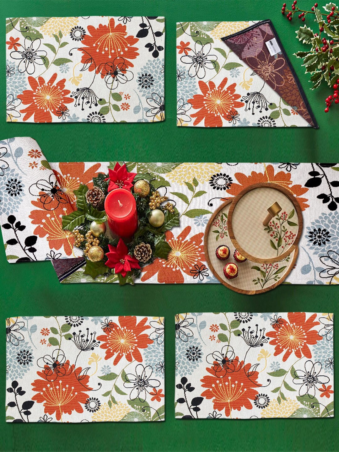 

AVI Living White & Orange-Color 5-Pieces Floral Jaquard Woven Table Placemats & Runner