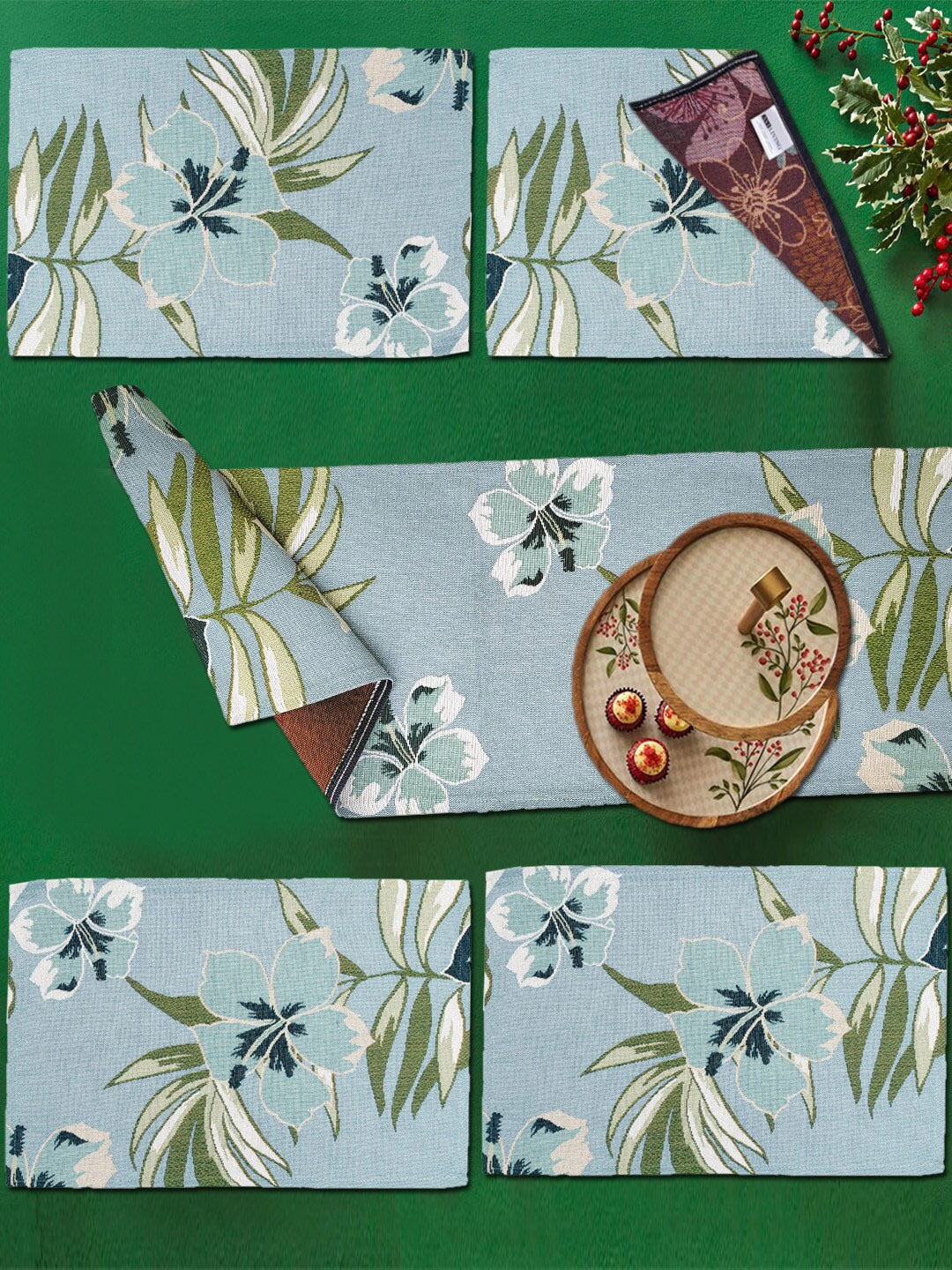 

AVI Living Blue & Green 5-Pieces Floral Jaquard Woven Table Placemats & Runners