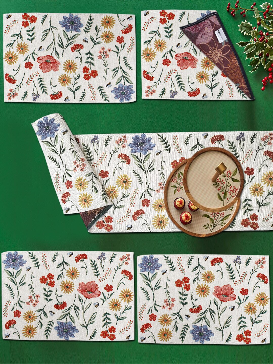 

AVI Living White & Red 5-Pieces Floral Jaquard Woven Table Placemats & Runner