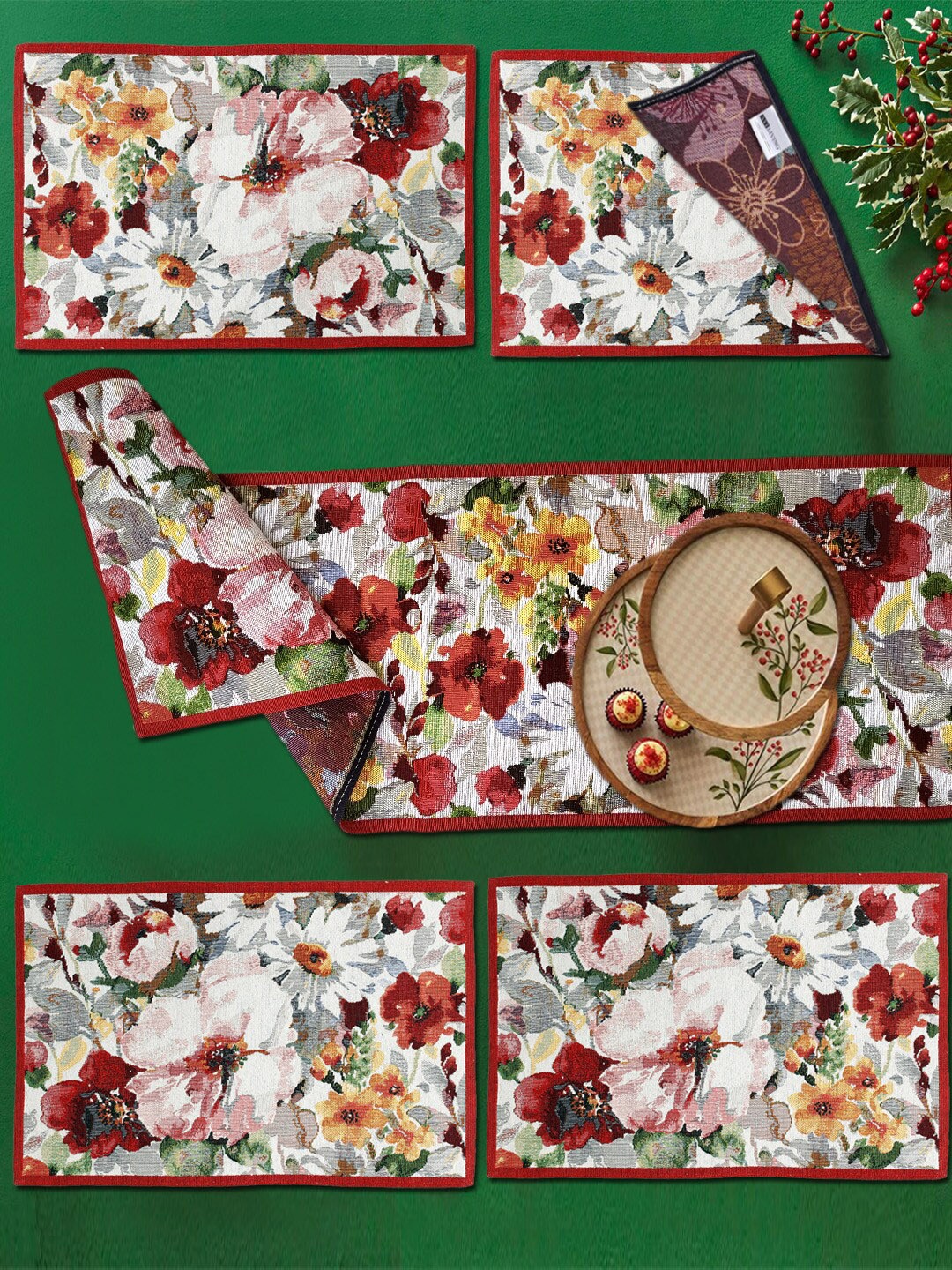 

AVI Living White & Red 5-Pieces Floral Jaquard Woven Table Placemats & Runner