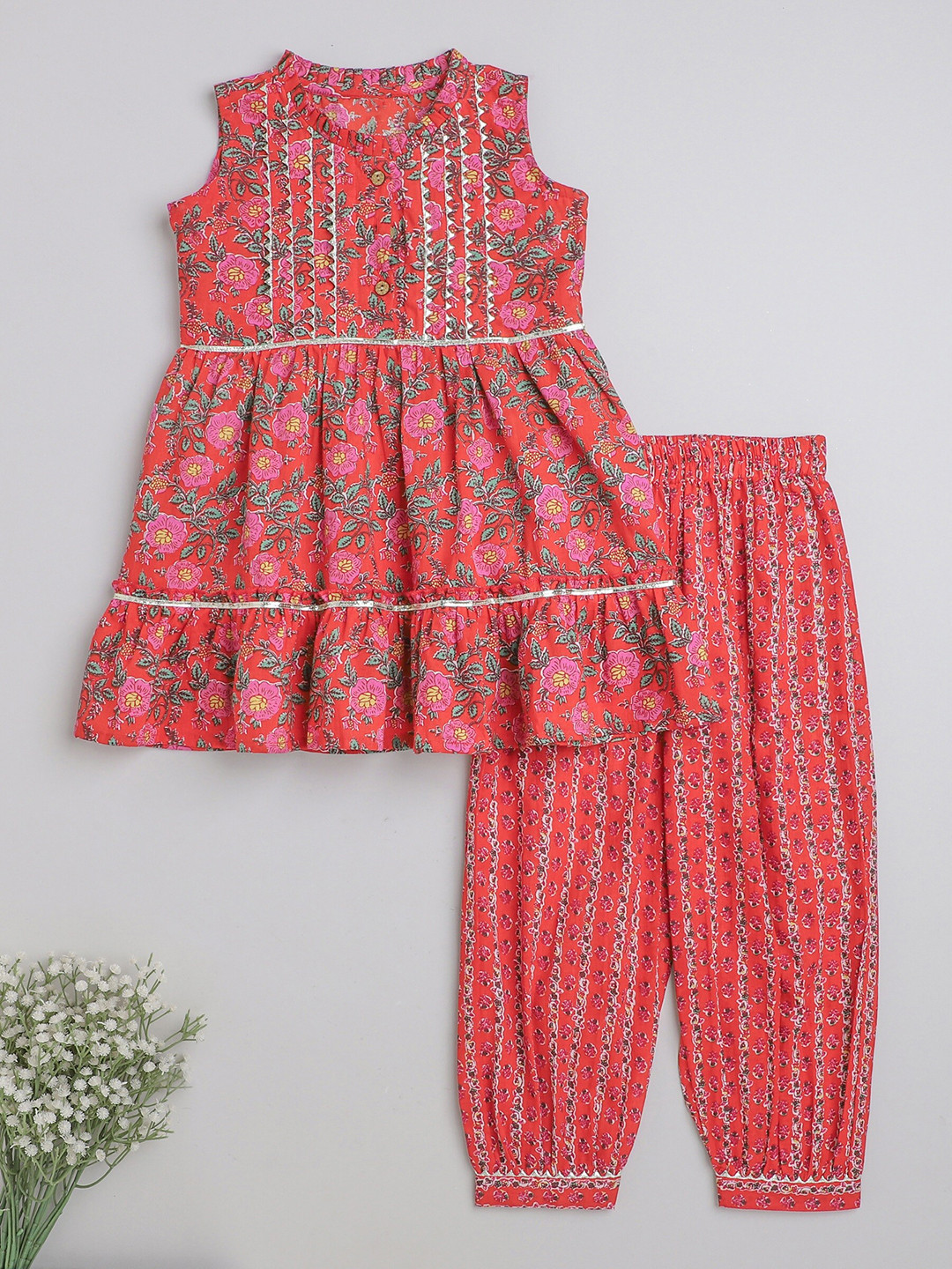 

The Magic Wand Girls Floral Printed Gotta Patti Pure Cotton A-Line Kurta with Salwar, Red