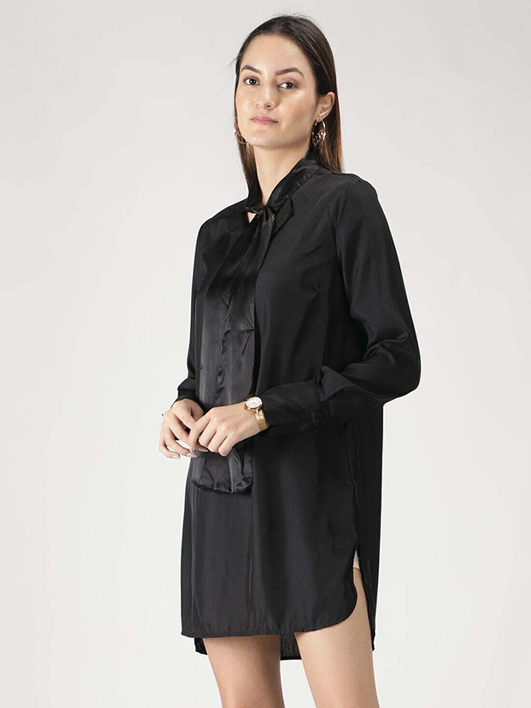

THE BLACK LOVER Tie-Up Neck Log Sleeve Cotton Shirt Style Mini Dress