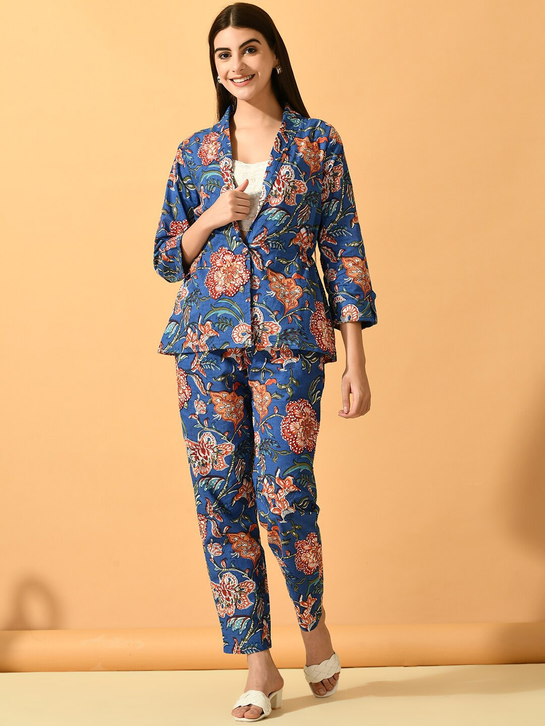

KALINI Printed Pure Cotton Coat & Trousers Co-Ords, Blue