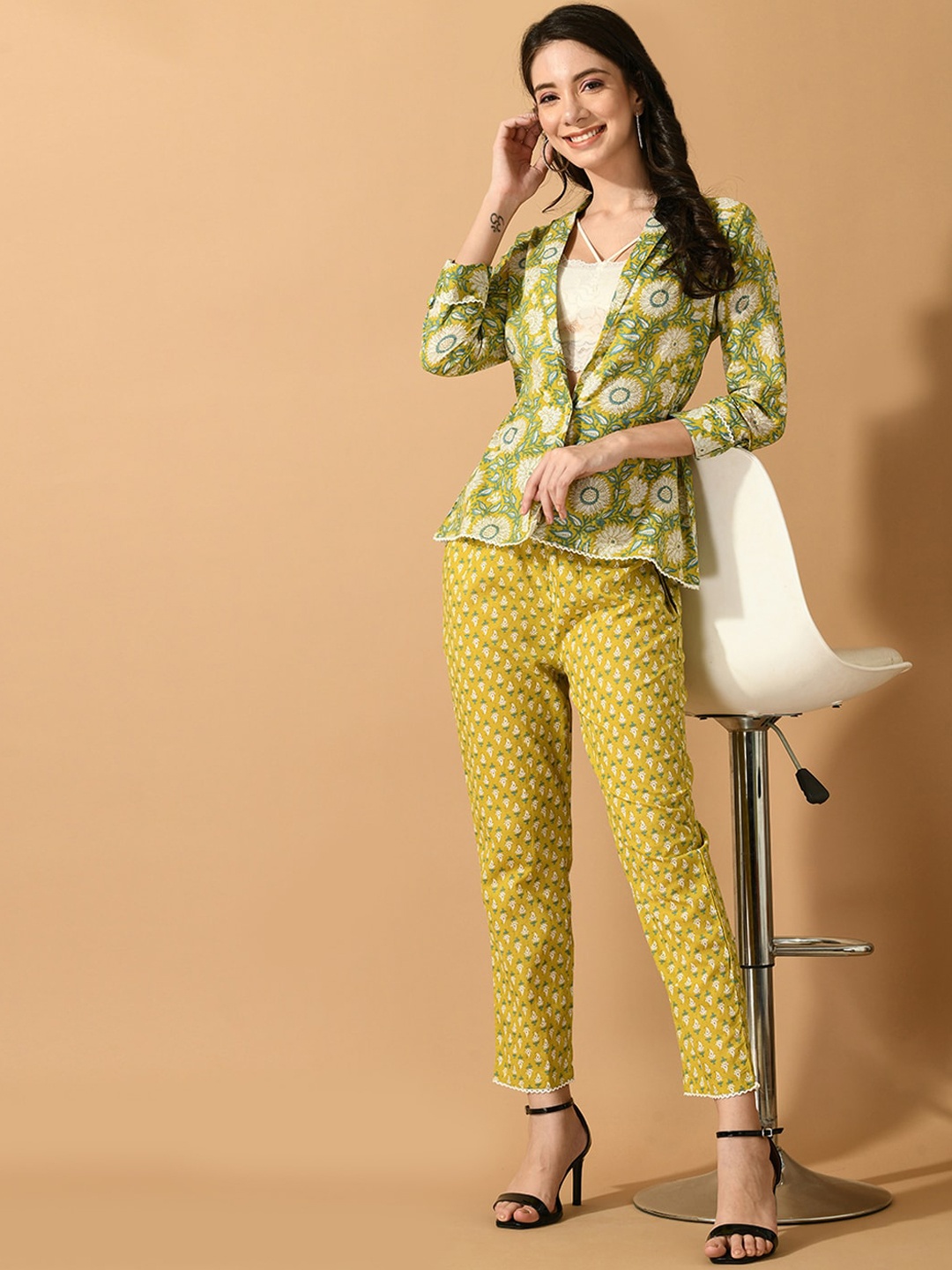 

KALINI Floral Printed Pure Cotton Coat & Trousers Co-Ords, Yellow