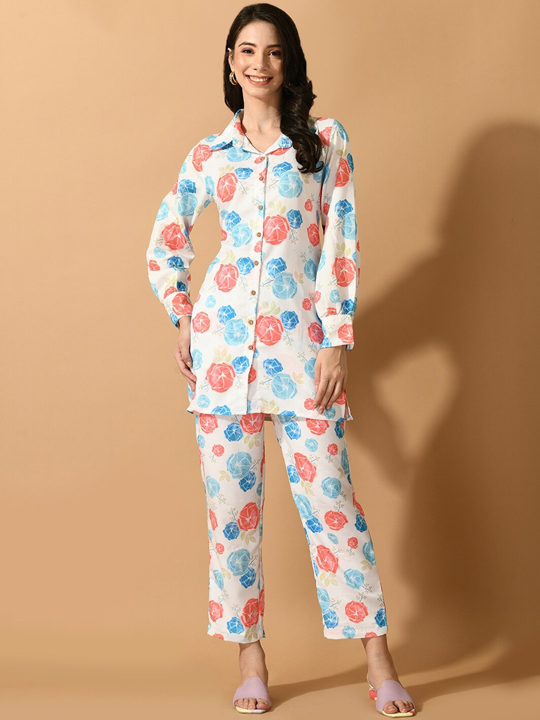 

KALINI Printed Shirt With Trousers Co-Ords, White