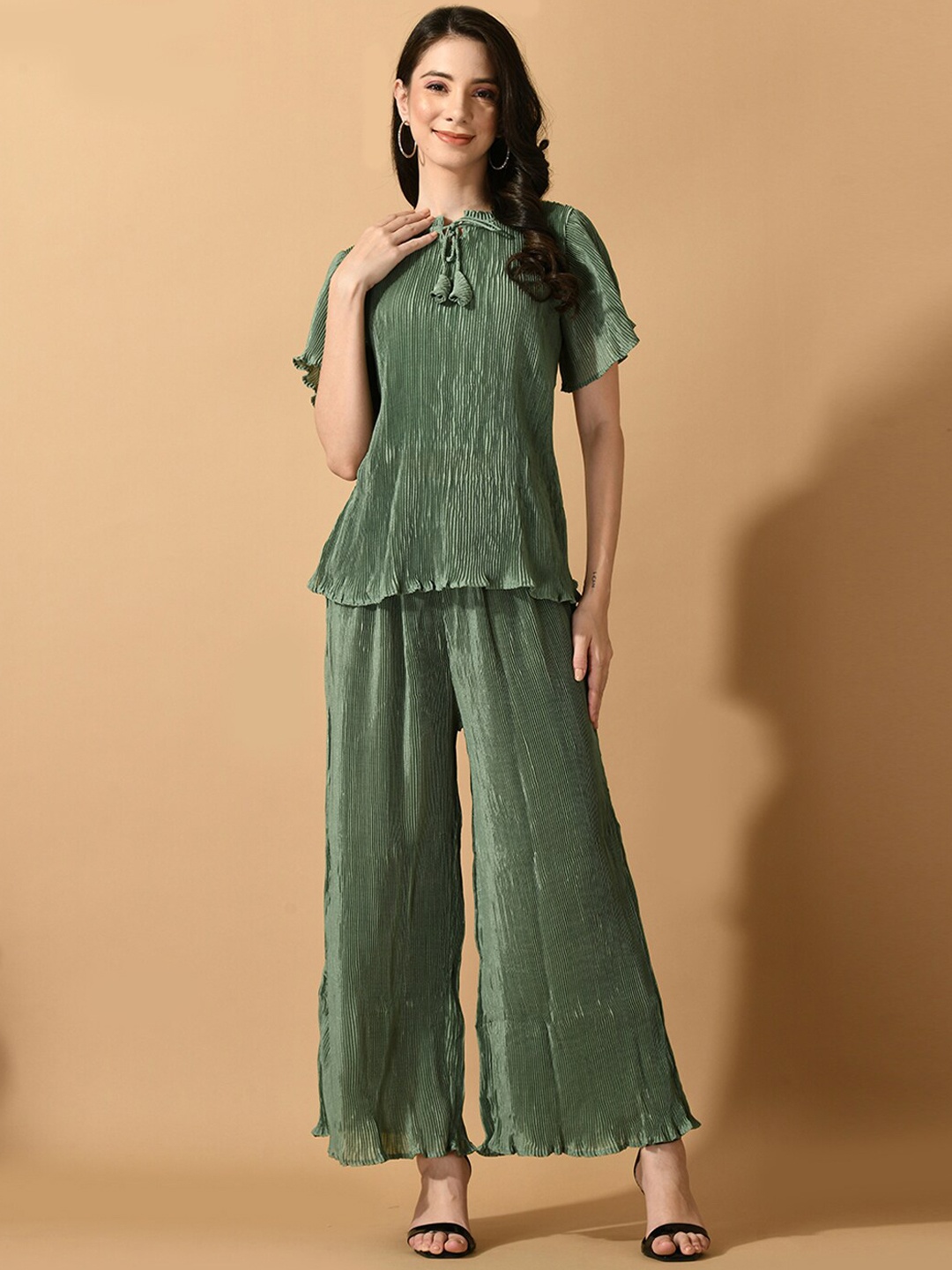

KALINI Tie-Up Neck Top With Palazzo Co-Ords, Green