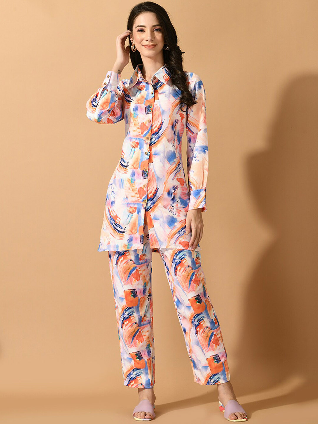 

KALINI Printed Linen Longline Shirt With Trousers Co-Ords, White