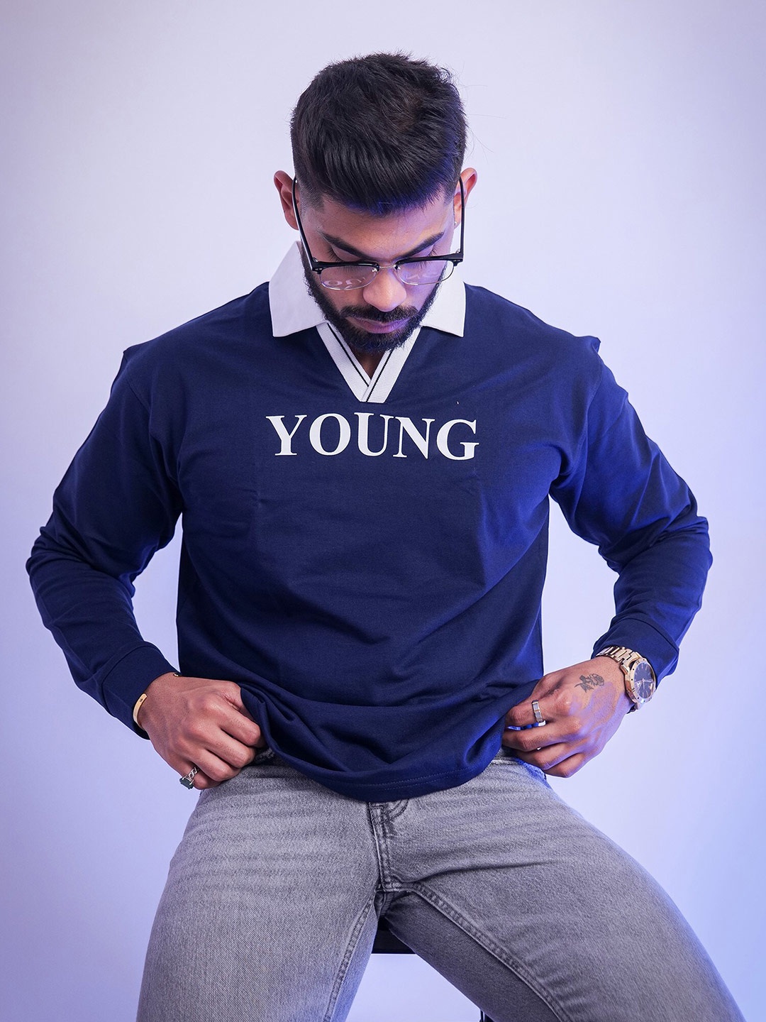 

Maniac Typography Printed Polo Collar Oversized Pure Cotton T-shirt, Blue