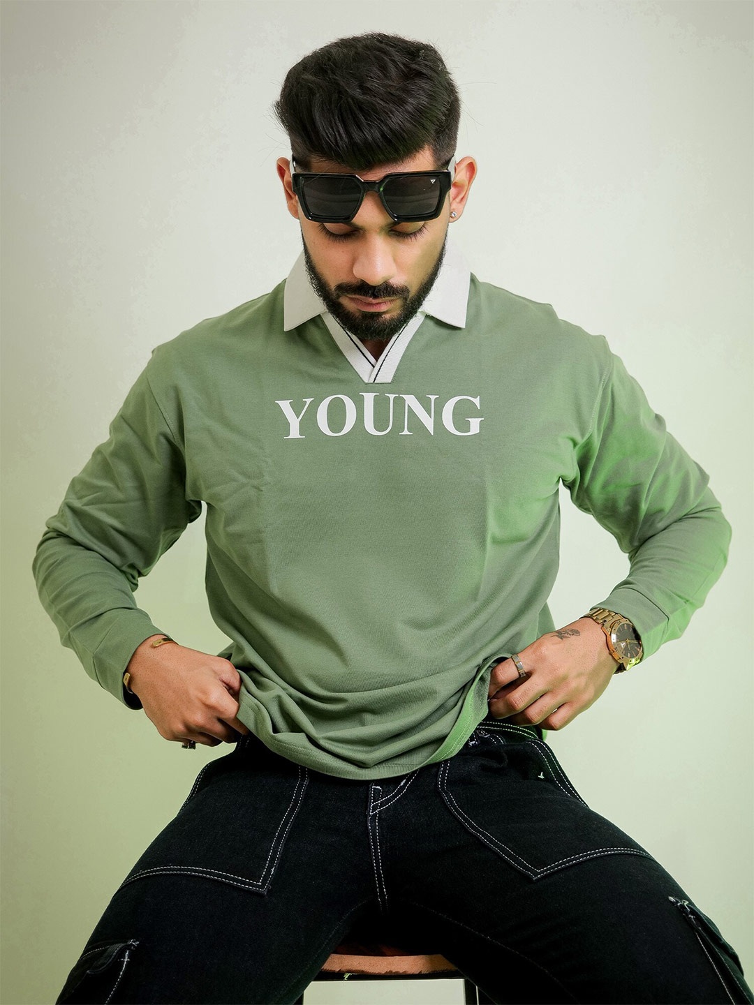 

Maniac Typography Printed Polo Collar Oversized Pure Cotton T-shirt, Green