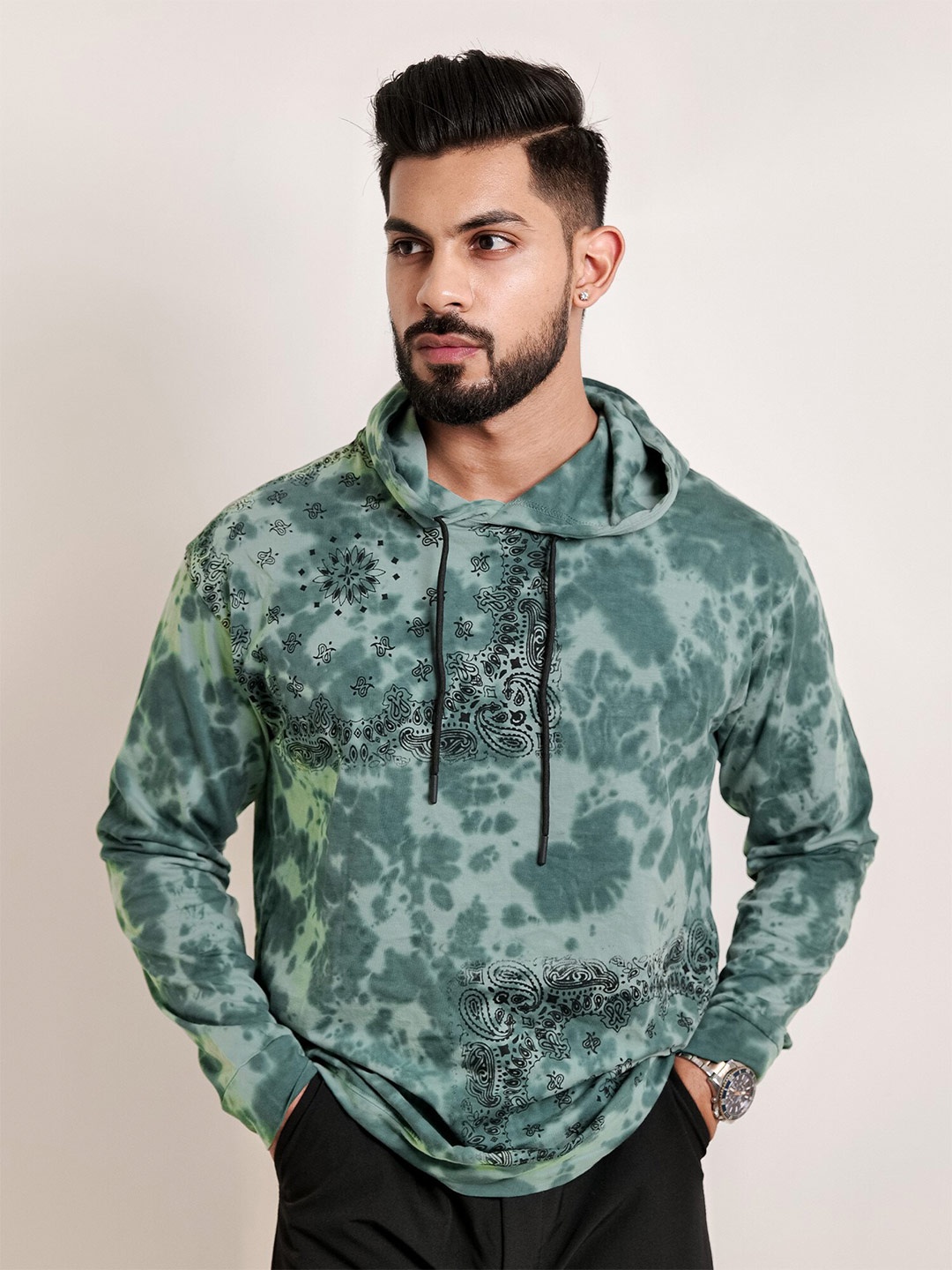 

Maniac Abstract Printed Hooded Oversized Pure Cotton T-shirt, Green