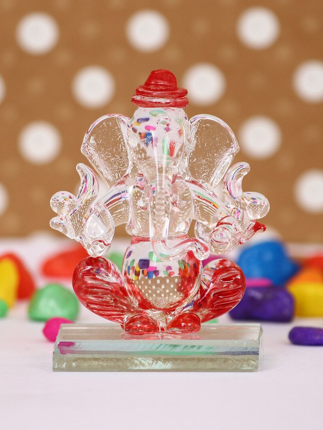

eCraftIndia Red & Transparent Double Sided Crystal Car Ganesha Showpiece