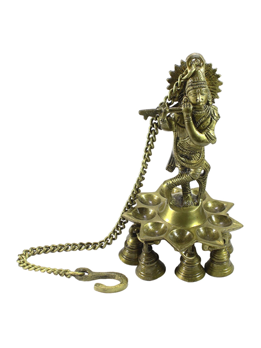 

eCraftIndia Gold Toned Lord Krishna Playing Flute Wall Hanging with 9 Oil Wick Diya