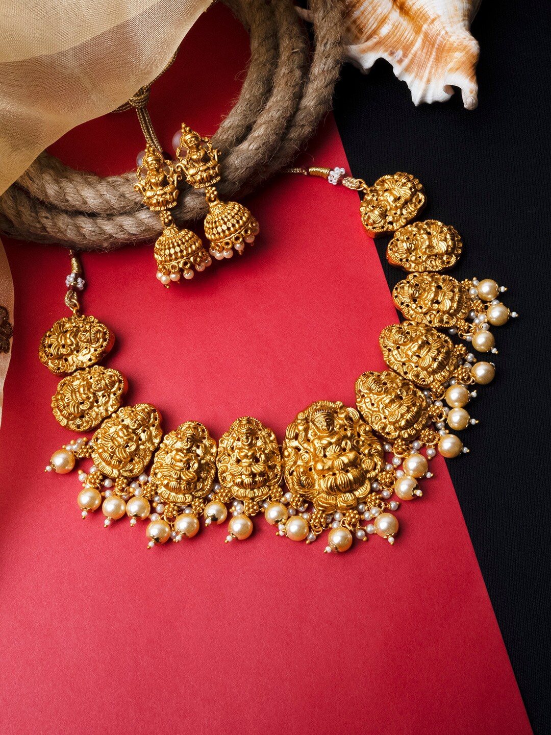 

StileAdda Gold Plated Pearl Beaded Temple Jewellery Set