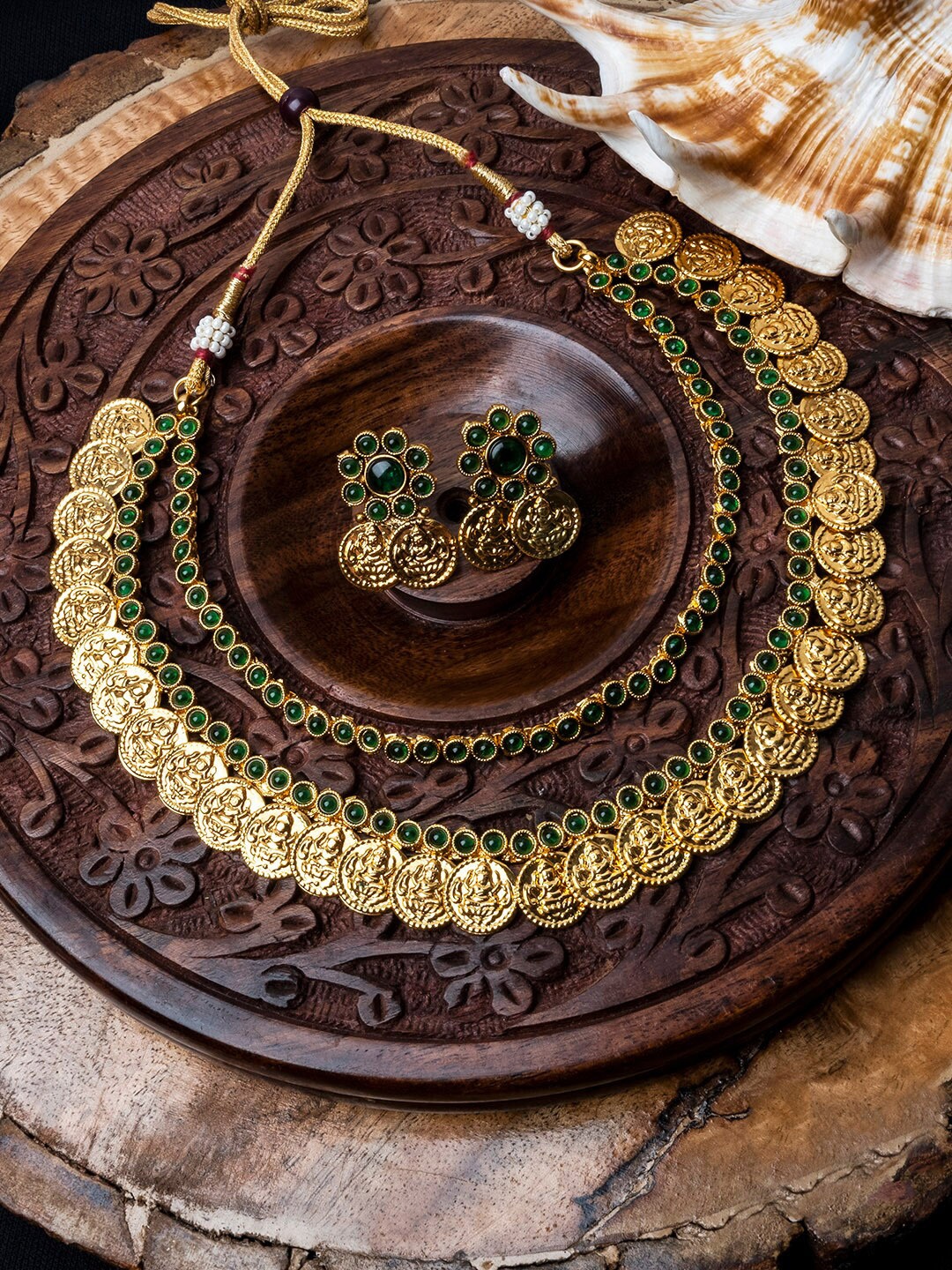 

StileAdda Gold Plated Kempu Stone Studded Temple Jewellery Set