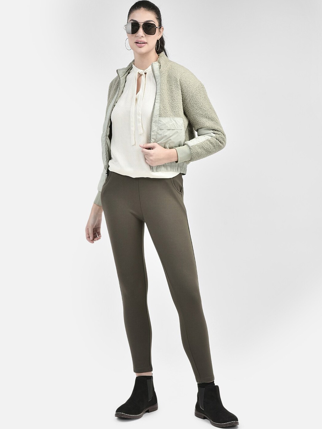 

Crimsoune Club Self Design Stand Collar Crop Bomber Jacket, Olive