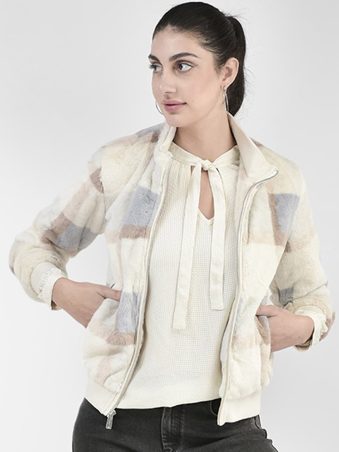 

Crimsoune Club Checked Mock Collar Bomber Jacket, Brown