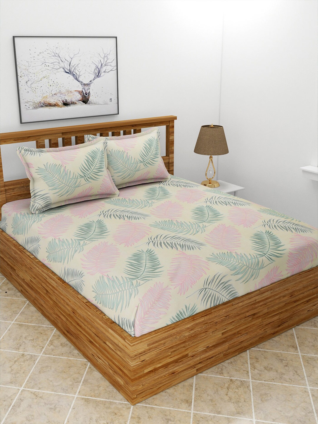 

MORADO Green & Pink Printed 210 TC Queen Bedsheet with 2 Pillow Covers