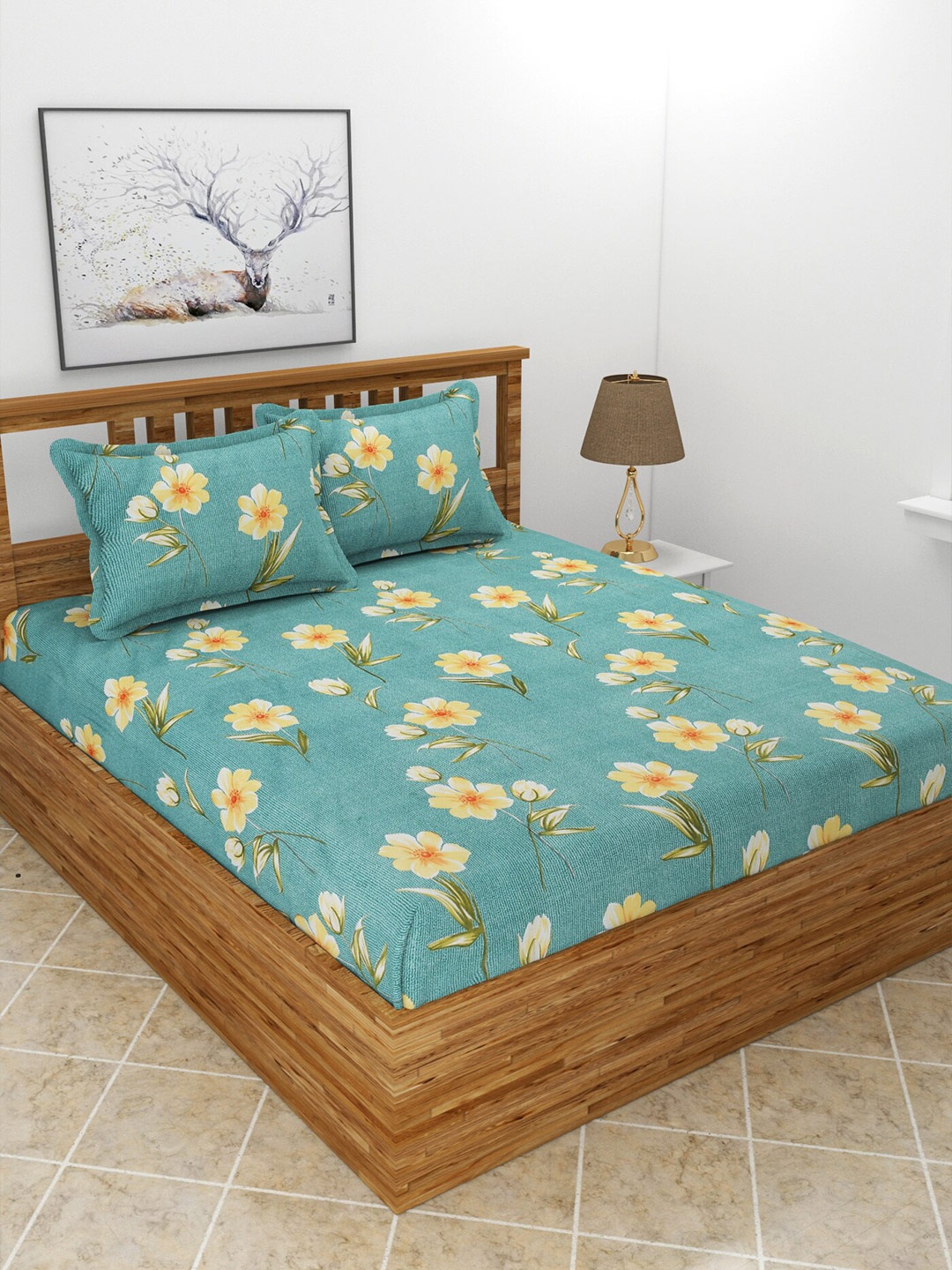 

MORADO Green & Yellow Printed 210 TC Queen Bedsheet with 2 Pillow Covers