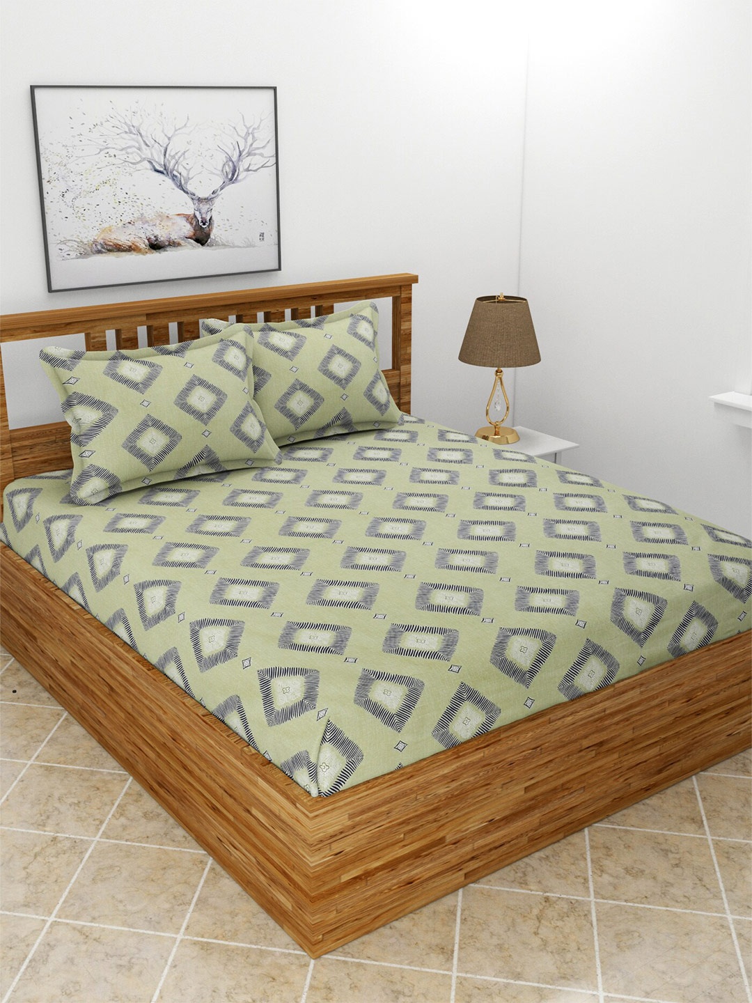 

MORADO Green & Blue Printed 210 TC Queen Bedsheet with 2 Pillow Covers