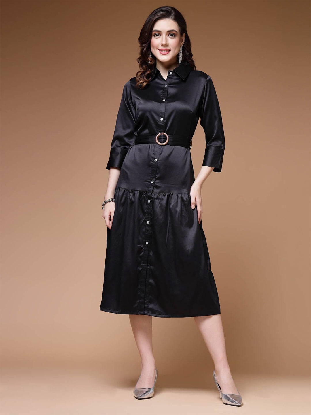 

plusS Black Shirt Collar Belted Drop-Waist Midi Dress