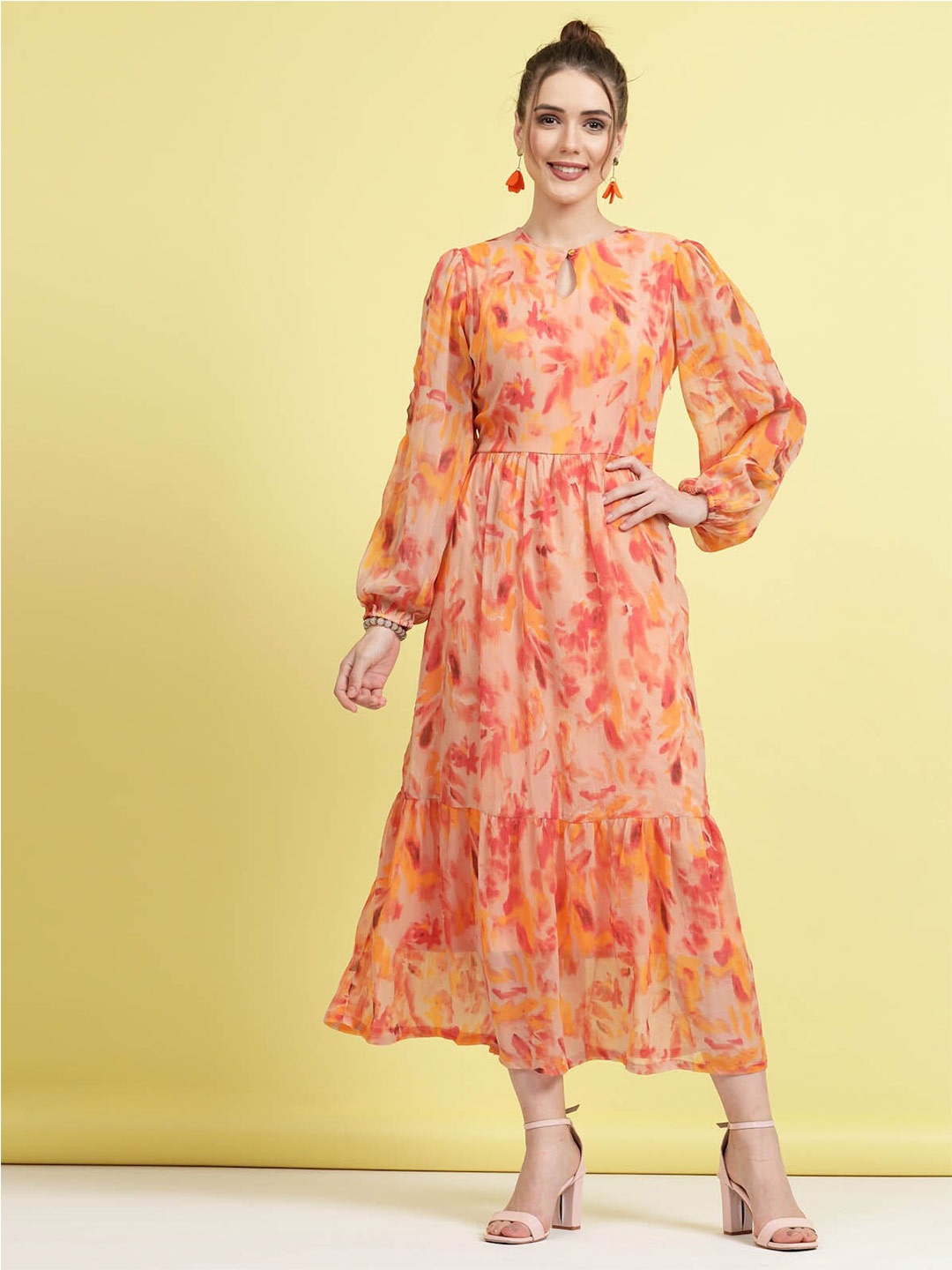 

plusS Orange Floral Printed Puff Sleeves Gathered A-Line Midi Dress