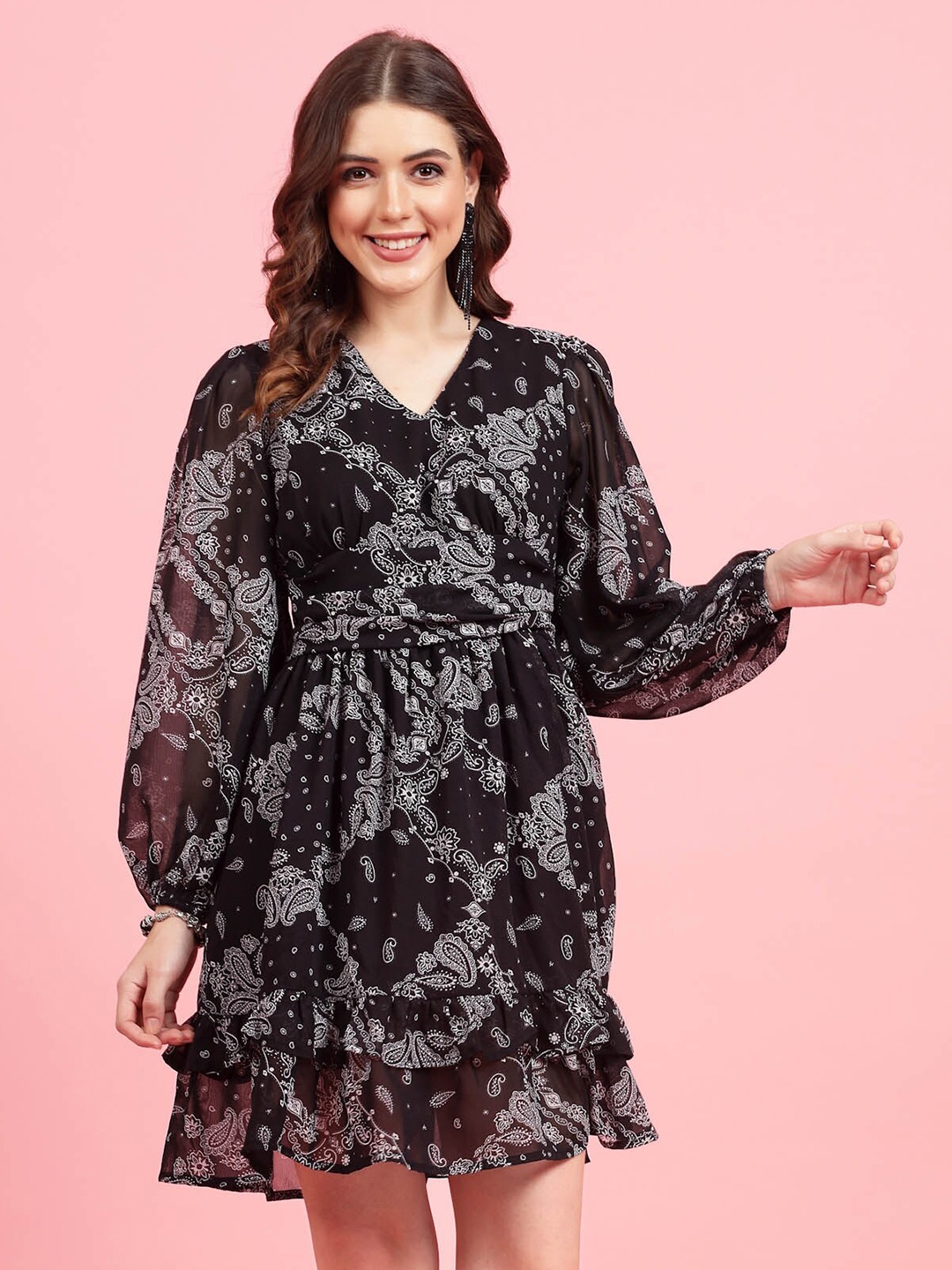 

plusS Black Paisley Printed Puff Sleeves Gathered A-Line Dress