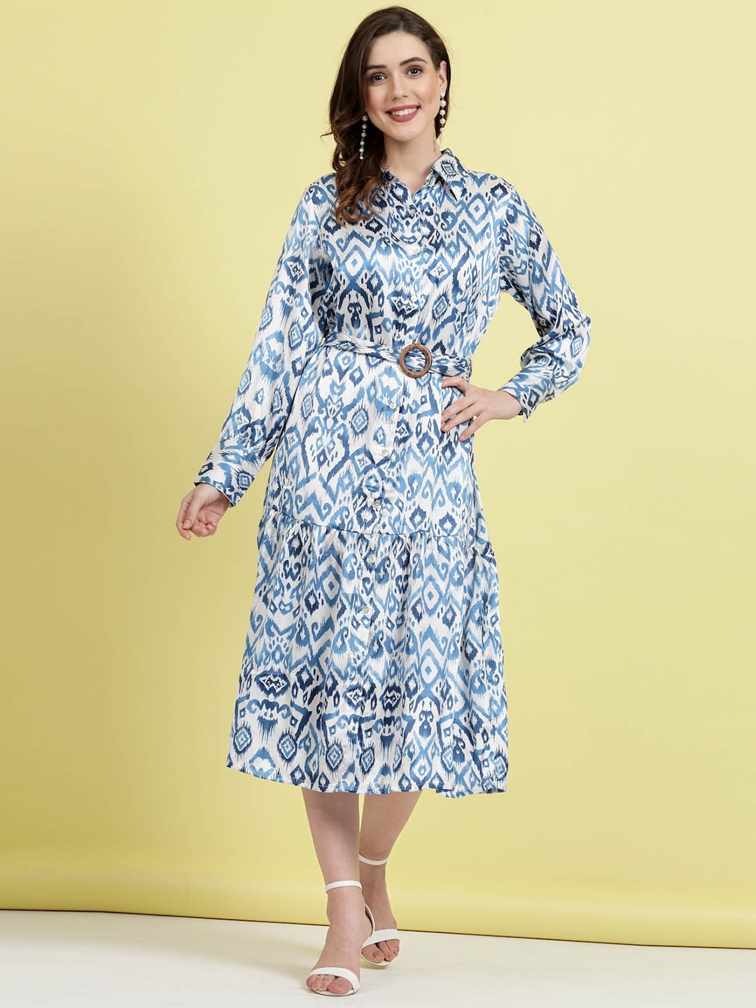 

plusS Ethnic Motifs Printed Shirt Collar Cuffed Sleeves Shirt Dress, Blue