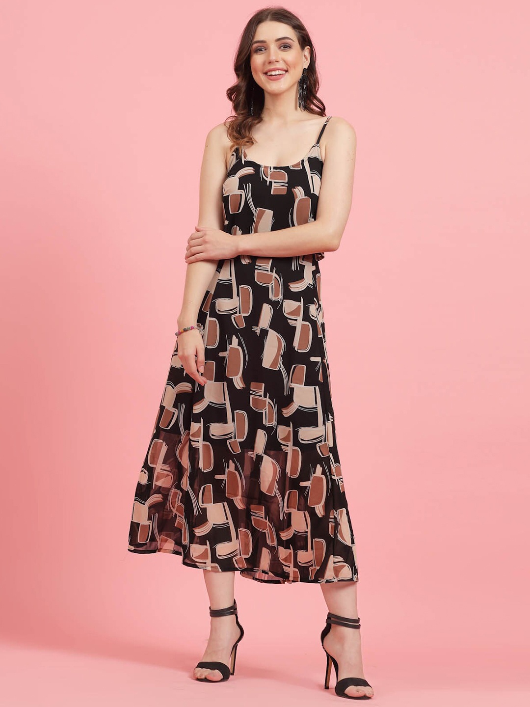 

plusS Geometric Printed Shoulder Straps A-Line Dress, Black